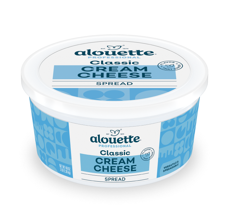 Alouette Professional Classic Cream Cheese Spread container with white lid and blue patterned label.