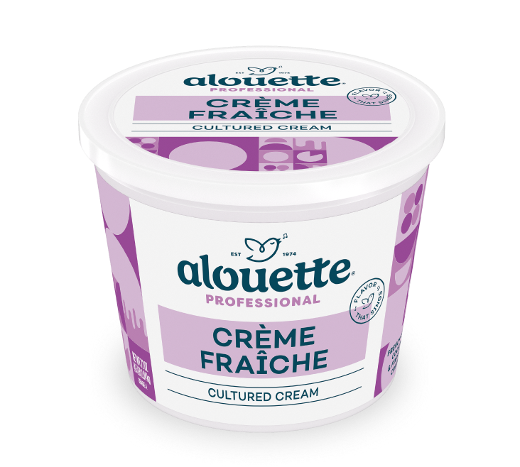 Alouette Professional Crème Fraîche cultured cream in a white plastic container with purple label design.