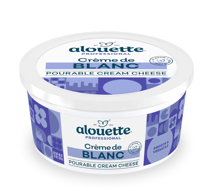 Alouette Professional Crème de Blanc pourable cream cheese container with white lid and blue patterned label.