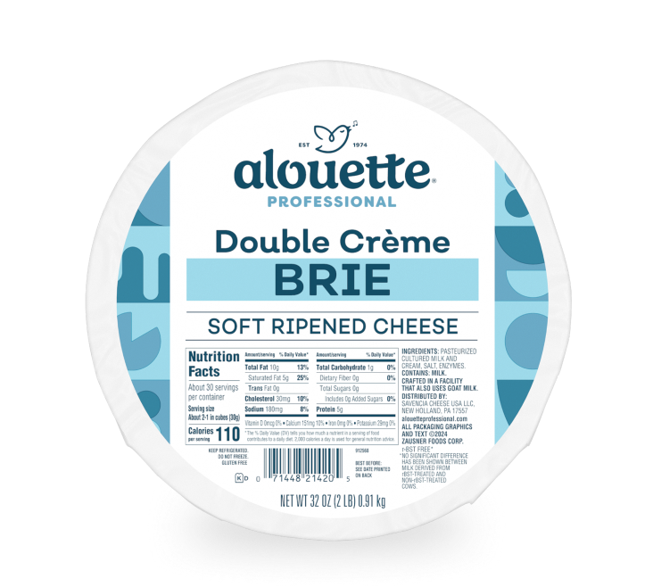 Alouette Professional Double Crème Brie cheese package, 32 oz soft ripened cheese wheel with nutrition facts label.
