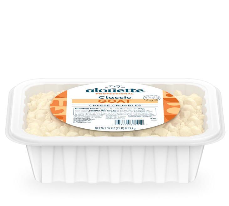 Alouette Classic Cheese Crumbles in a clear plastic container with orange and white label, 32 oz package.