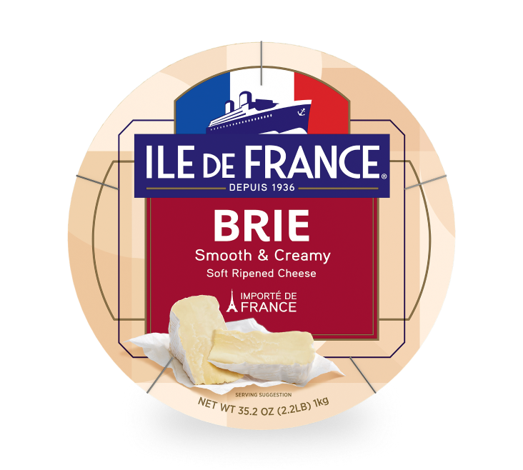 Île de France Brie cheese packaging label showing soft ripened French cheese with product details and net weight of 35.2 oz.