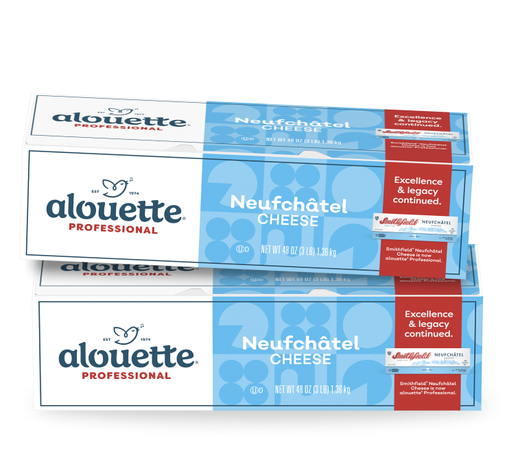 Stack of three Alouette Professional Neufchâtel cheese packages with blue and white packaging displaying product name and weight information.