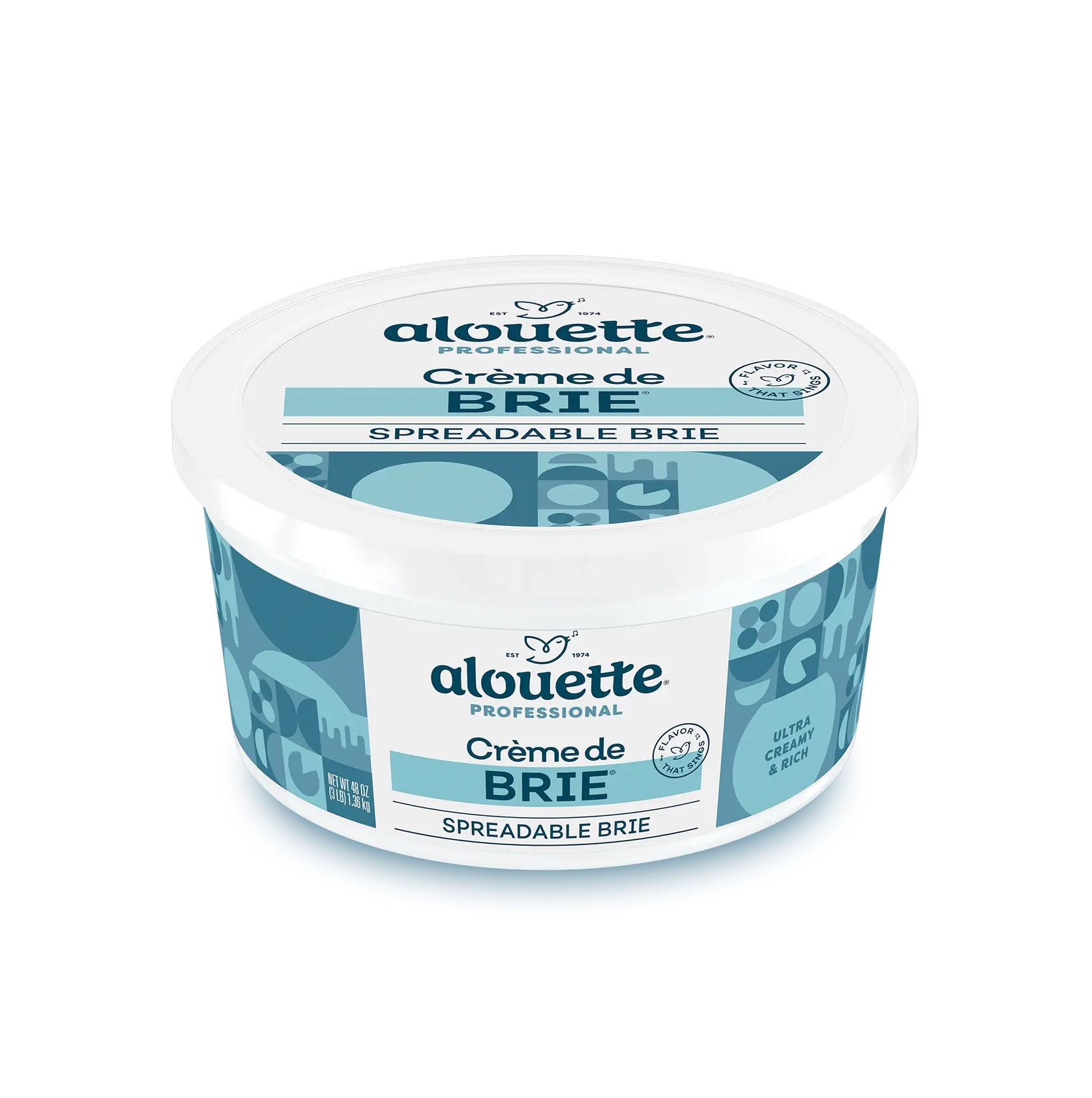 Alouette Professional Crème de Brie spreadable brie cheese in white round container with teal label and branding.