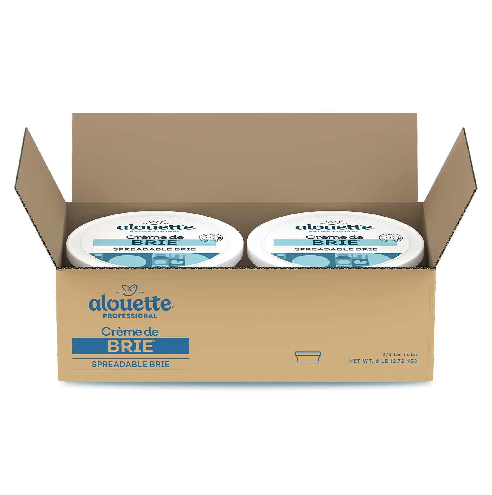 Alouette Professional Crème de Brie spreadable brie cheese in cardboard box containing two 3/3 LB tubs, net weight 6 LB.