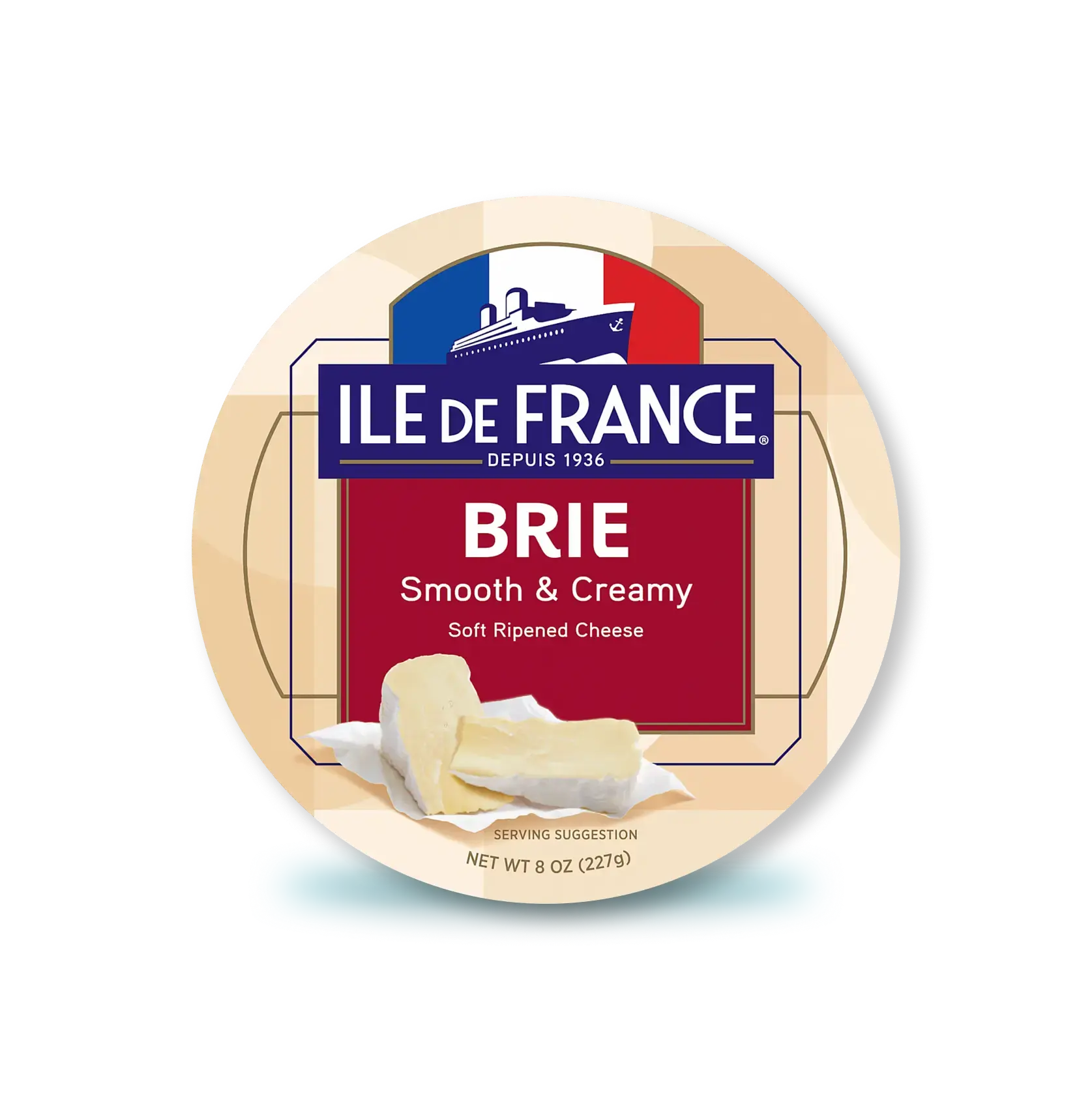 Île de France Brie cheese package label showing smooth, creamy soft-ripened cheese imported from France, net weight 8 oz.