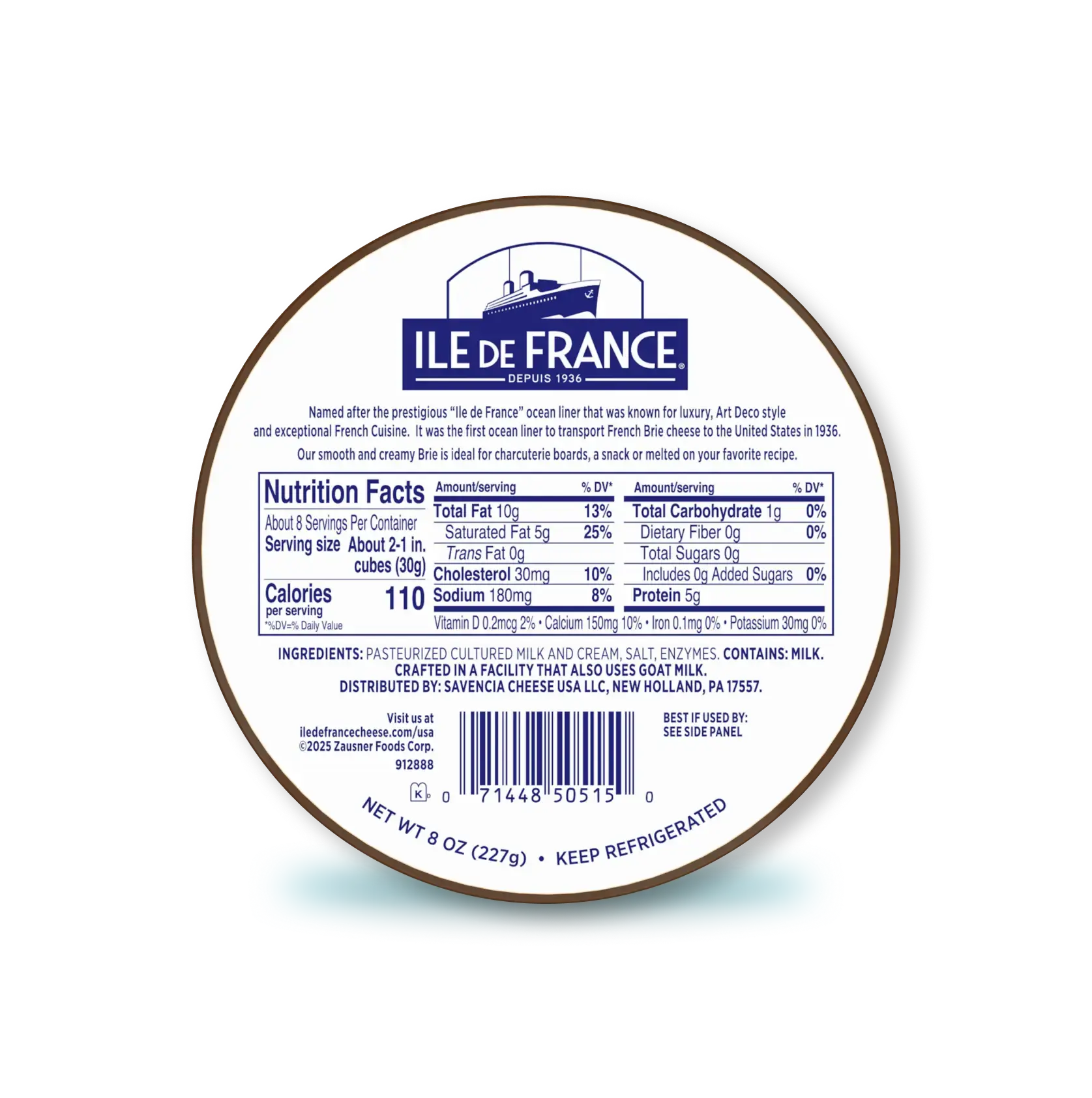 Île de France Brie cheese label showing nutrition facts, product description, and ingredients on circular wooden-rimmed packaging.