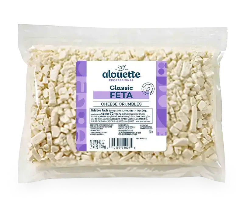 Alouette Professional Classic Feta cheese crumbles in a 40 oz clear plastic bag with purple and white labeling.