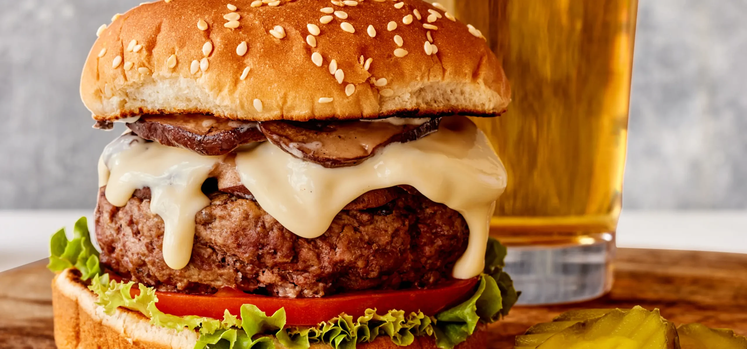 Gourmet burger with sesame seed bun, melted cheese, caramelized onions, tomato, and lettuce on wooden board with beer bottle.