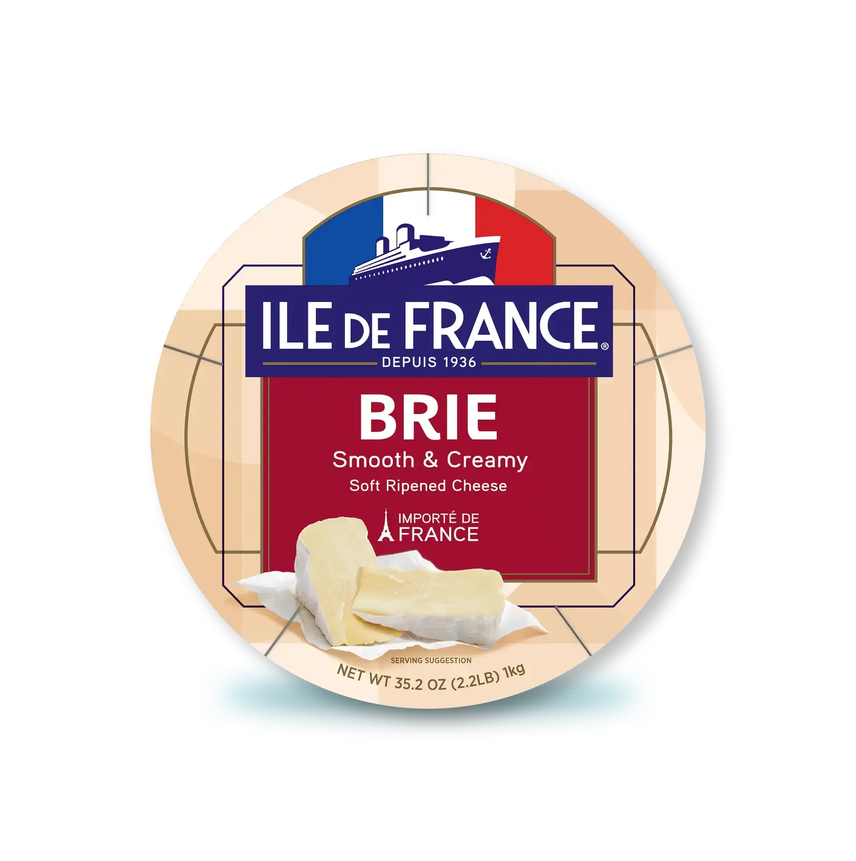 Île de France Brie cheese package label showing smooth, creamy soft-ripened cheese imported from France, net weight 35.2 oz.