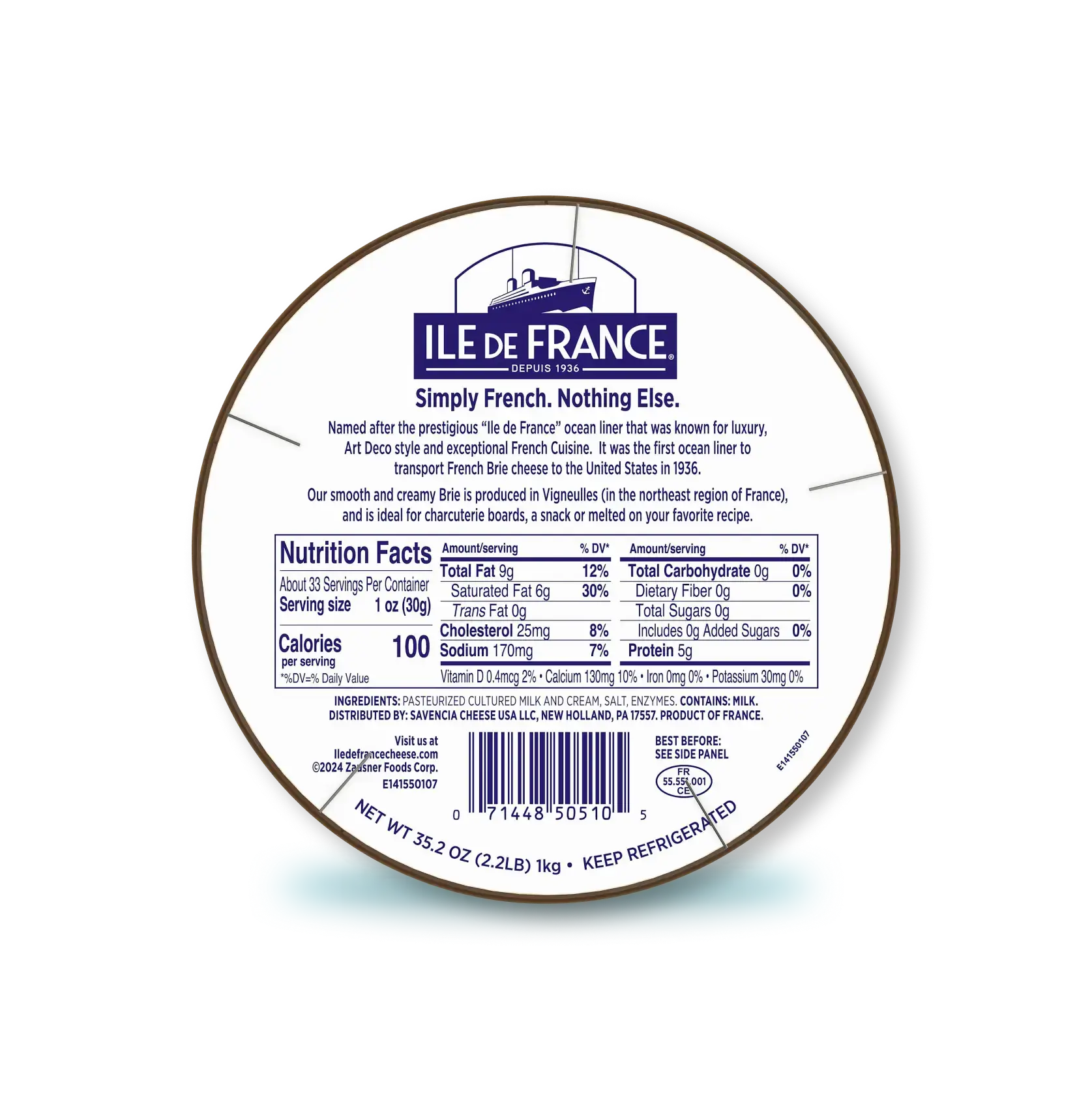 Île de France Brie cheese label showing nutrition facts, product description, and ingredients on circular wooden-rimmed packaging.